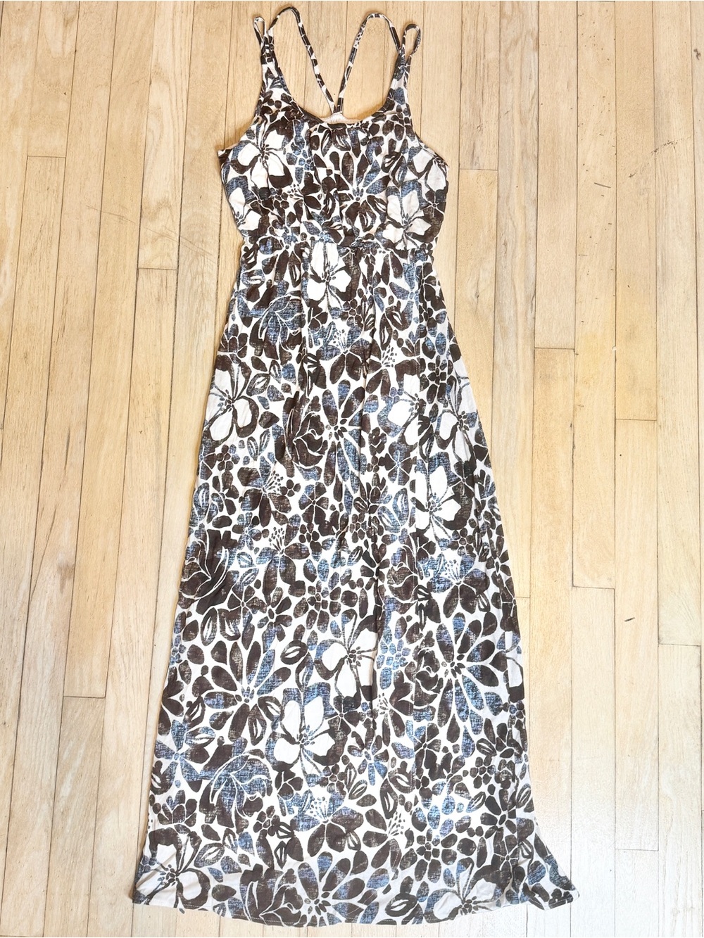 LOFT Floral Maxi Hawaiian flower tropical Sundress in Brown, White & Blue